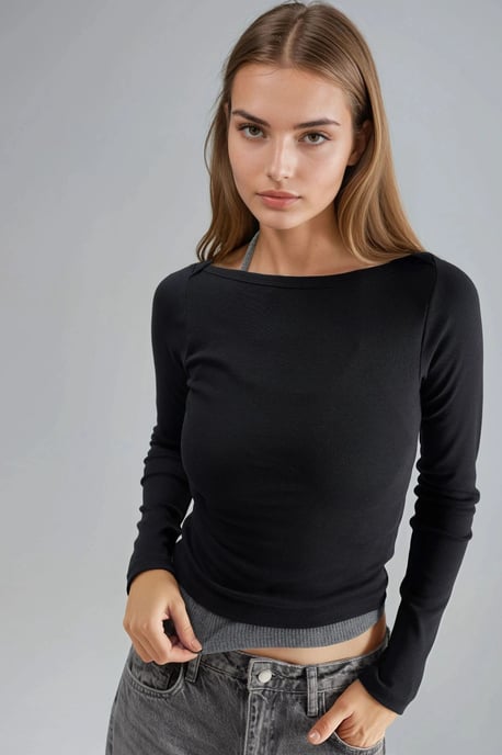 Slim Fit Geribbelde Boothals Blouse - Image 1