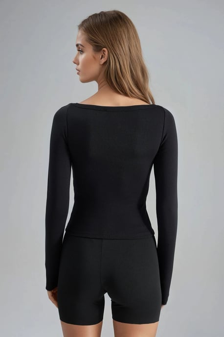 Slim Fit Geribbelde Boothals Blouse - Image 3