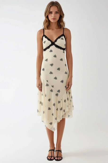V-hals Gedrukte Bodycon Maxi Jurk met Kantdetails - Image 1