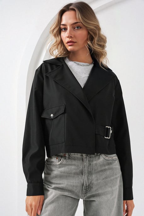 Korte Fitted Polyester Trenchcoat met Hemdkragen - Image 1
