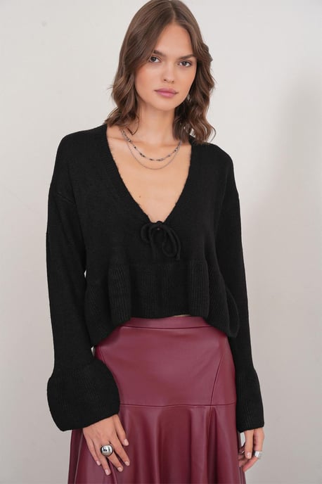 Strik Gedetailleerde Rimpelige V-Hals Gebreide Trui - Image 4