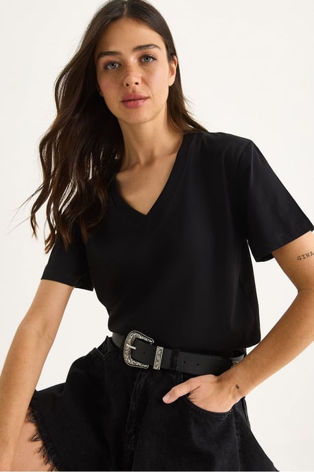 Comfort Fit V-hals Gekamd Katoenen T-Shirt - Image 1