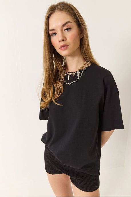 Ontspannen Pasvorm Crew Neck Katoenen T-Shirt met Split - Image 3