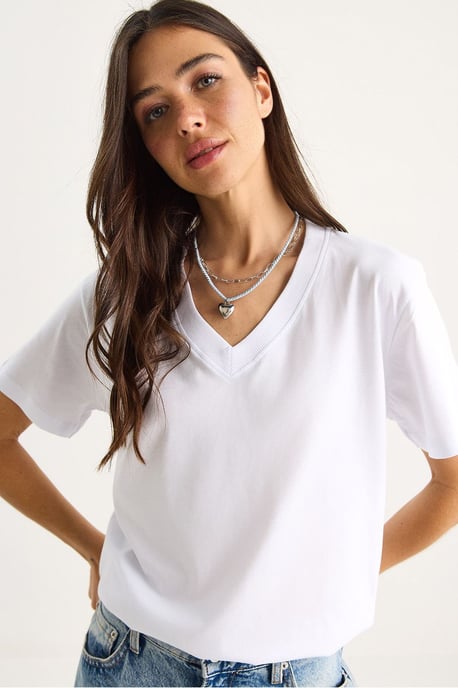 Comfort Fit V-hals Gekamd Katoenen T-Shirt - Image 1