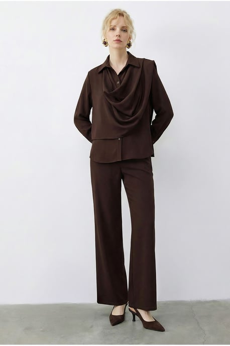 Sjaal Gedetailleerde Blouse en Hoge Taille Wijde Broek Twee-Piece Set - Image 4