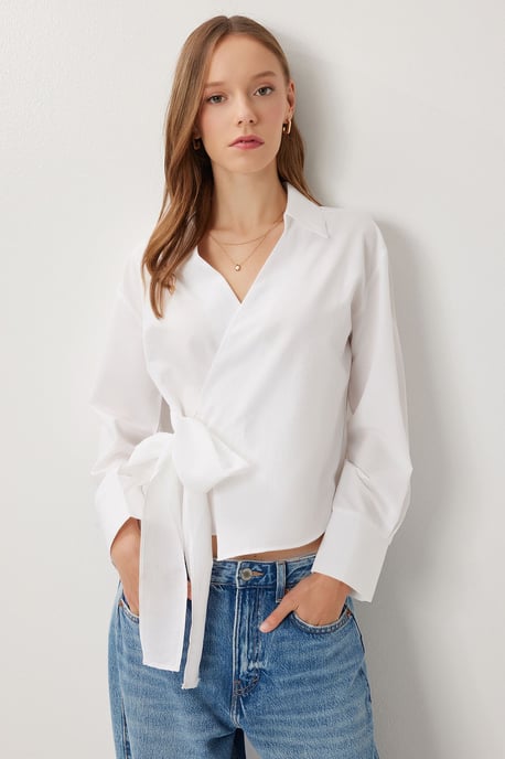 Double Breasted Poplin Blouse met Strikdetail - Image 2