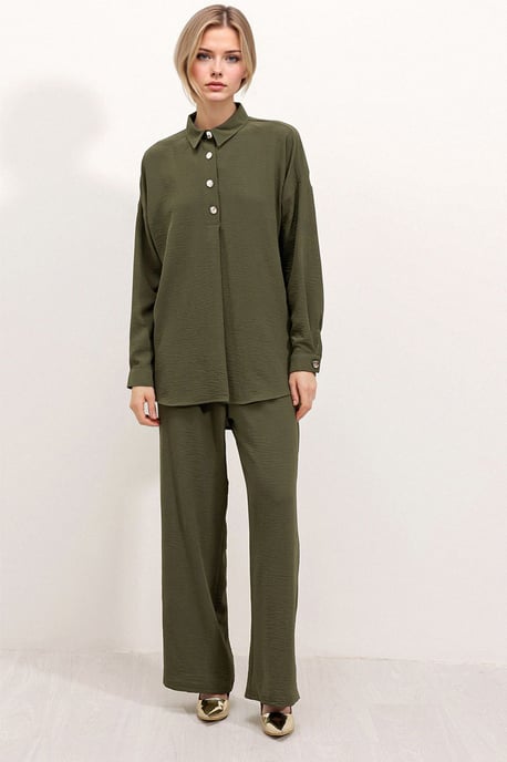 Gestructureerde Lange Mouwen Overhemd en Brede Pantalon Set - Image 1
