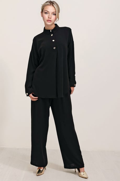 Gestructureerde Lange Mouwen Overhemd en Brede Pantalon Set - Image 1