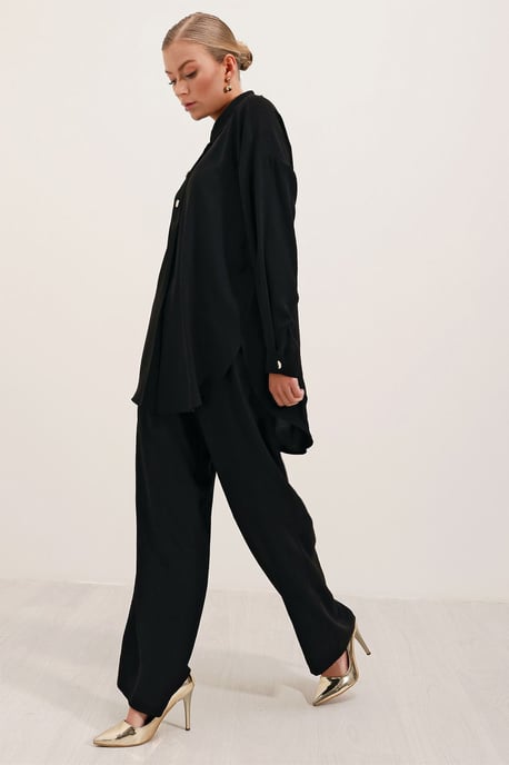 Gestructureerde Lange Mouwen Overhemd en Brede Pantalon Set - Image 2