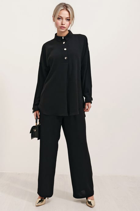 Gestructureerde Lange Mouwen Overhemd en Brede Pantalon Set - Image 4