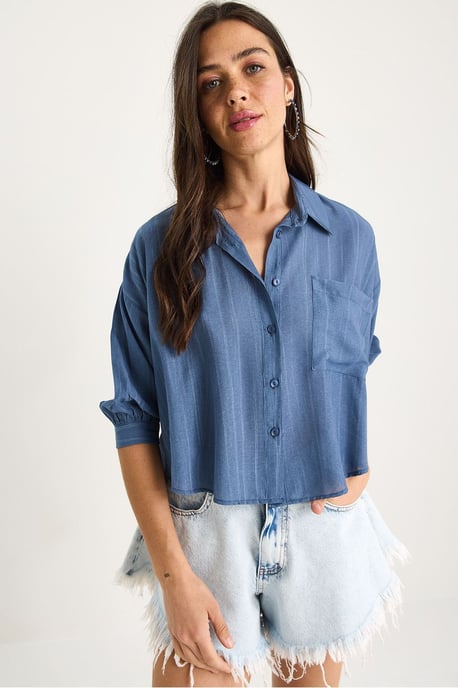 Gestreepte Gevoerde Crop Shirt met Knopen en Zak - Image 2