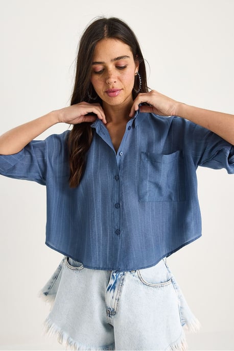 Gestreepte Gevoerde Crop Shirt met Knopen en Zak - Image 3