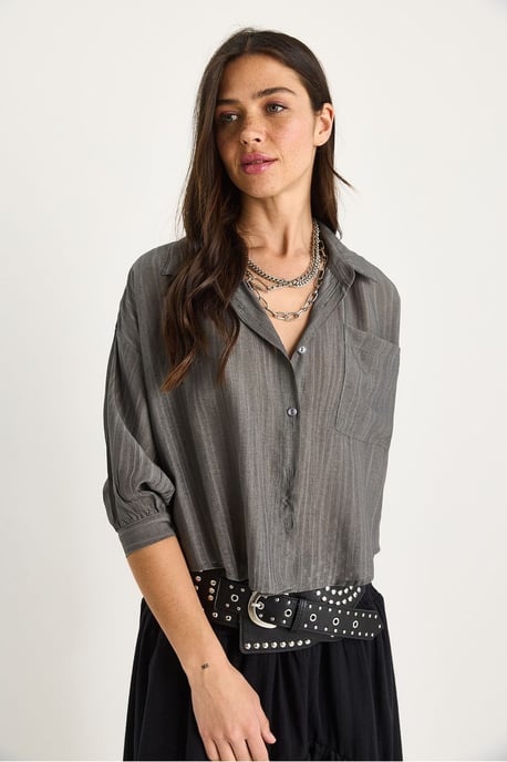 Gestructureerde Gestreepte Crop Shirt met Knopsluiting en Zak - Image 4