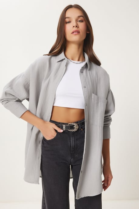 Oversized Textuur Katoenen Shirt met Pocket - Image 1