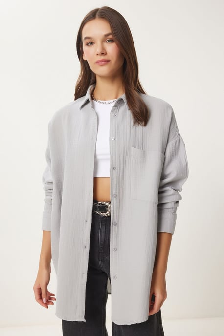 Oversized Textuur Katoenen Shirt met Pocket - Image 2