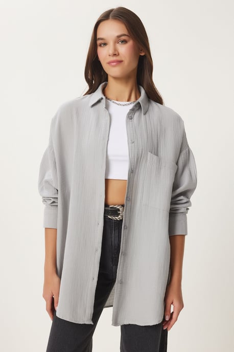 Oversized Textuur Katoenen Shirt met Pocket - Image 3