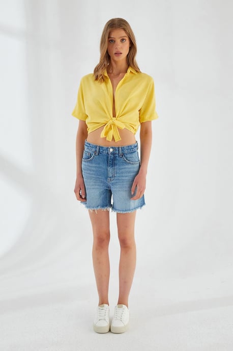 V-hals Striksluiting Slim Fit Crop Shirt - Image 3