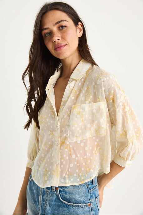 Bloemige Jacquard Korte Mouw Knopshirt met Zak - Image 1