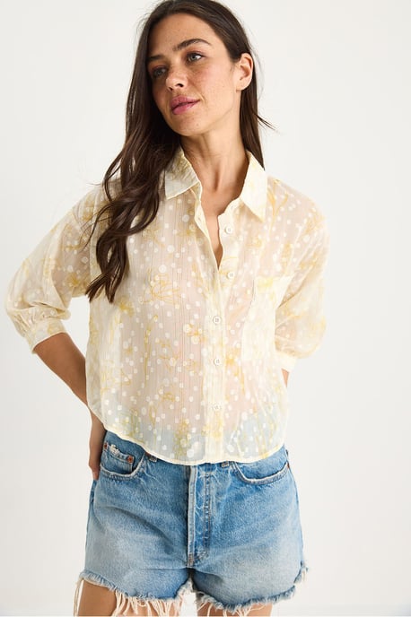 Bloemige Jacquard Korte Mouw Knopshirt met Zak - Image 2