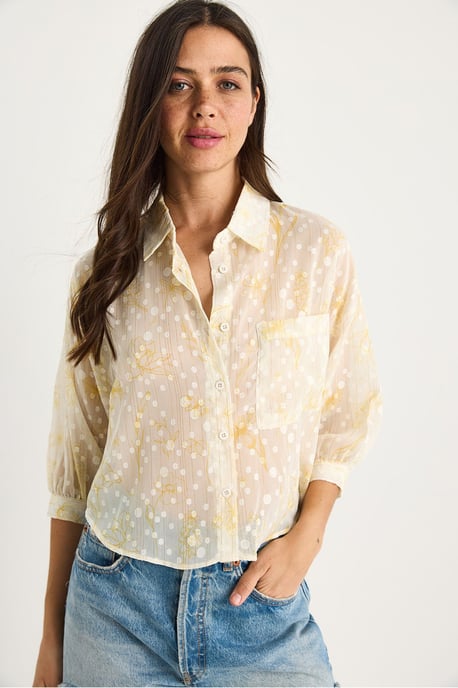 Bloemige Jacquard Korte Mouw Knopshirt met Zak - Image 4