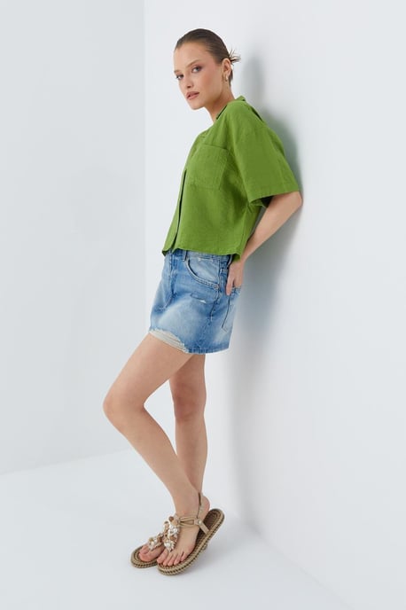 Losse Fit Knop-Up Crop Shirt met Zak - Image 2