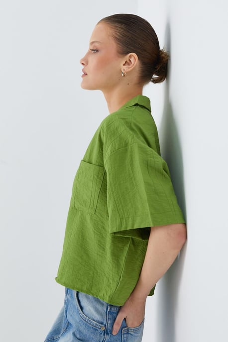 Losse Fit Knop-Up Crop Shirt met Zak - Image 3