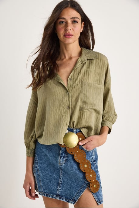 Gestructureerde Gestreepte Cropped Shirt met Knopen en Zak - Image 2