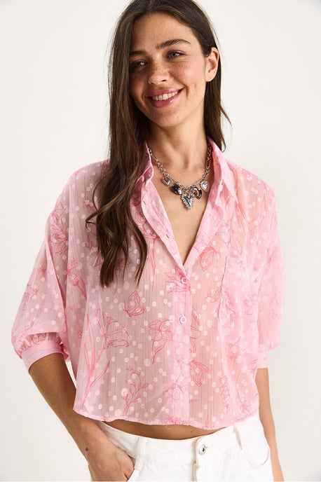 Bloemmotief Jacquard Korte Mouwen Overhemd met Knopen en Pocket - Image 1