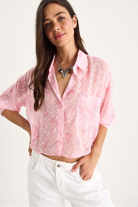 Bloemmotief Jacquard Korte Mouwen Overhemd met Knopen en Pocket - Image 2