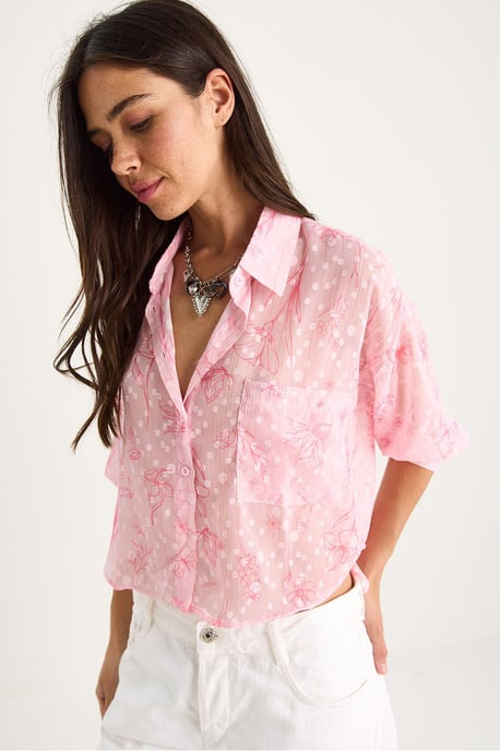 Bloemmotief Jacquard Korte Mouwen Overhemd met Knopen en Pocket - Image 3