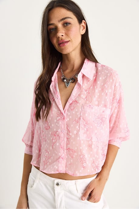 Bloemmotief Jacquard Korte Mouwen Overhemd met Knopen en Pocket - Image 4