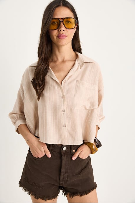 Gestreept Crop Shirt met Textuur, Knoopsluiting en Pocket - Image 2