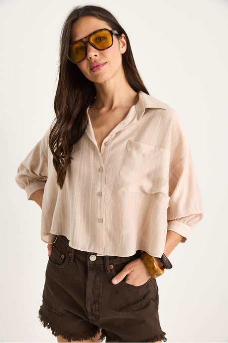 Gestreept Crop Shirt met Textuur, Knoopsluiting en Pocket - Image 3