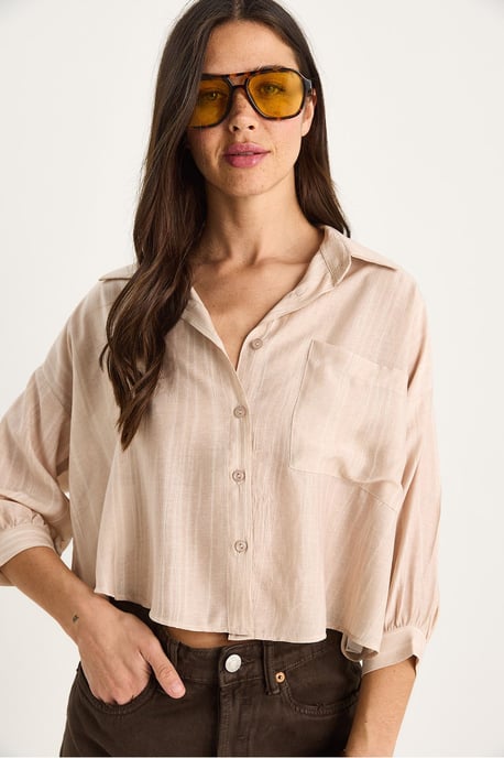 Gestreept Crop Shirt met Textuur, Knoopsluiting en Pocket - Image 4