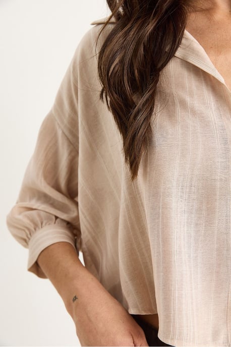 Gestreept Crop Shirt met Textuur, Knoopsluiting en Pocket - Image 5