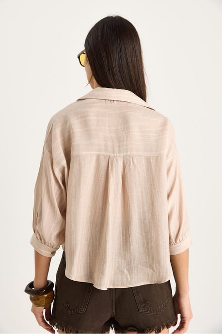 Gestreept Crop Shirt met Textuur, Knoopsluiting en Pocket - Image 6