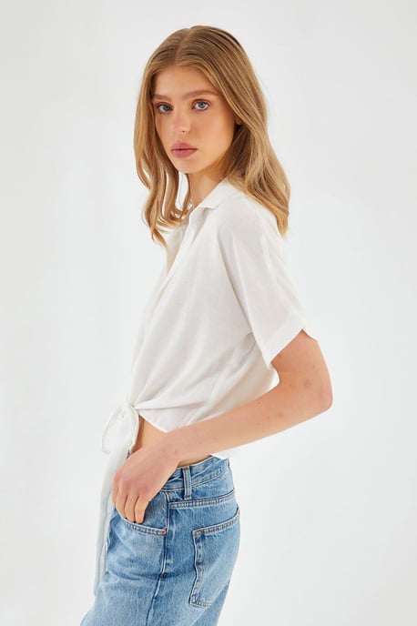 V-hals Touwsluiting Slim Fit Cropped Shirt - Image 2