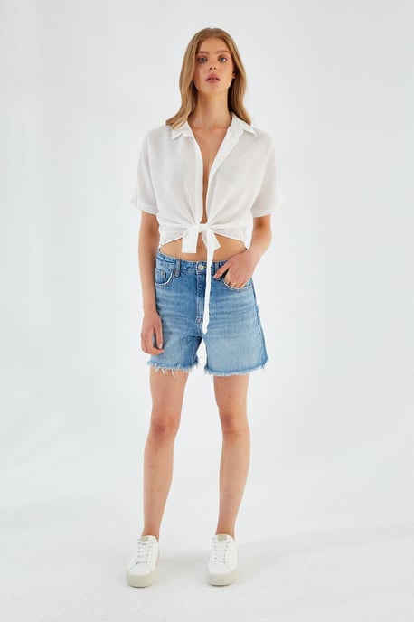V-hals Touwsluiting Slim Fit Cropped Shirt - Image 3
