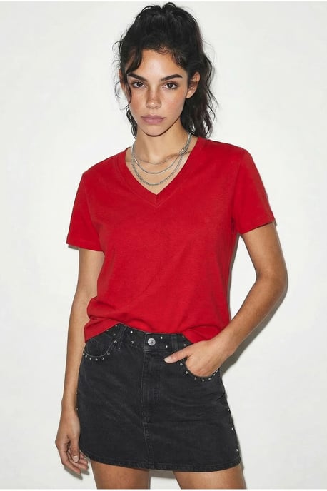Comfort Fit V-hals Gekamd Katoenen T-Shirt - Image 1