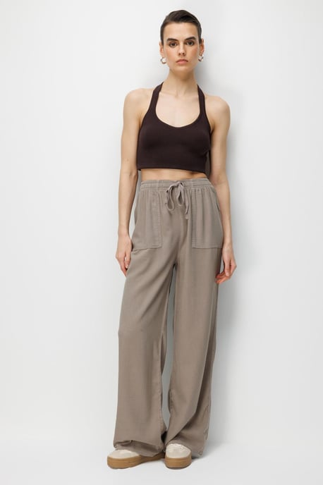 Middenhoog Taille Rechte Pijpen Katoenen Broek met Striksluiting - Image 4