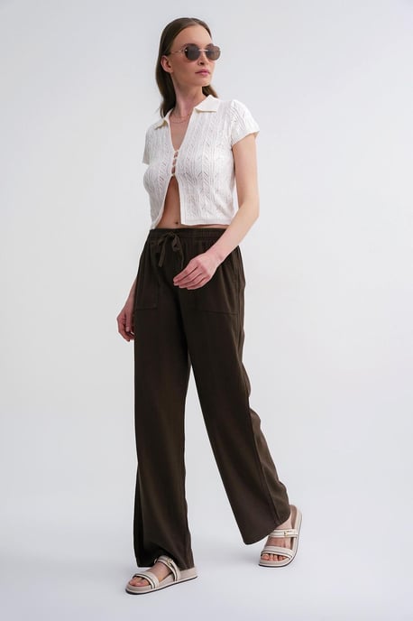 Middenhoog Taille Rechte Pijpen Katoenen Broek met Striksluiting - Image 2