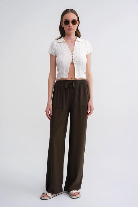Middenhoog Taille Rechte Pijpen Katoenen Broek met Striksluiting - Image 3