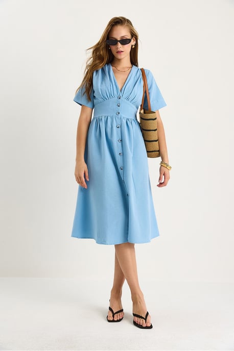 V-hals Knop Midi Shirtjurk - Image 2