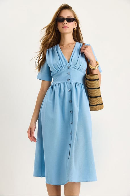 V-hals Knop Midi Shirtjurk - Image 3