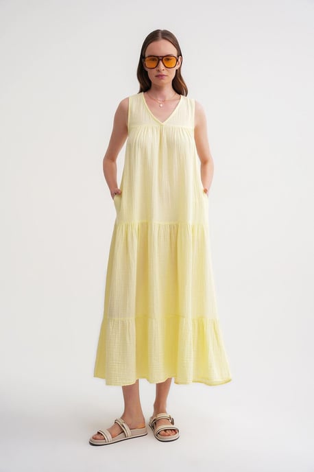 Mouwloze V-hals Muslin Midi-jurk met zakken - Image 2