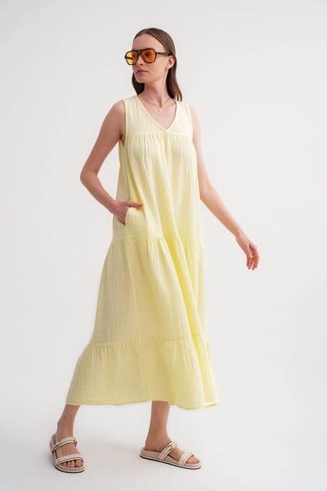 Mouwloze V-hals Muslin Midi-jurk met zakken - Image 3