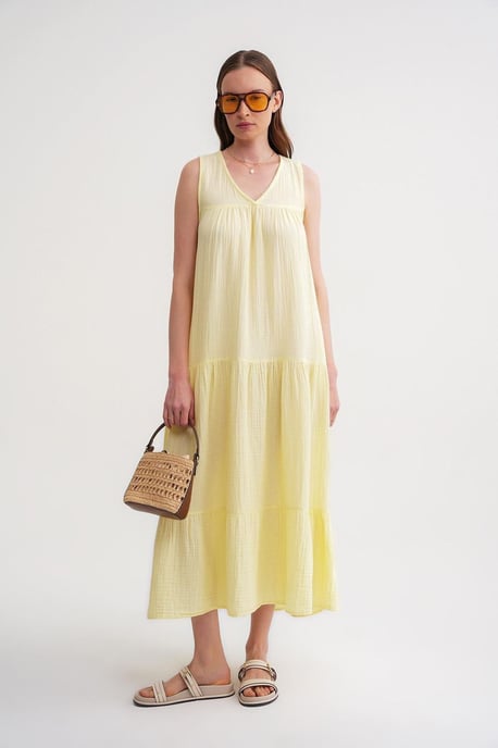 Mouwloze V-hals Muslin Midi-jurk met zakken - Image 4