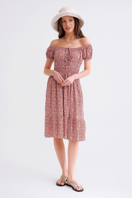 Schouderloze Bloemen Geborduurde Taille Puff Mouw Midi Jurk - Image 2