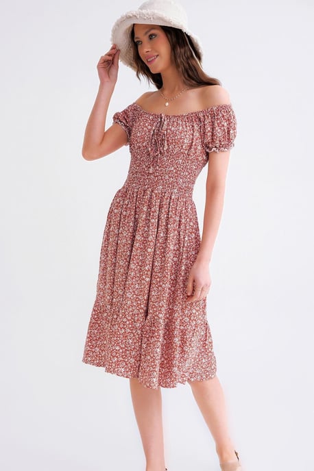 Schouderloze Bloemen Geborduurde Taille Puff Mouw Midi Jurk - Image 4