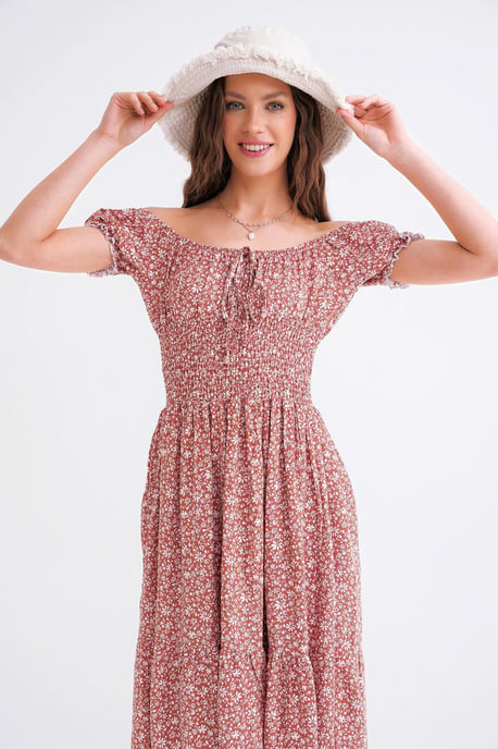 Schouderloze Bloemen Geborduurde Taille Puff Mouw Midi Jurk - Image 6